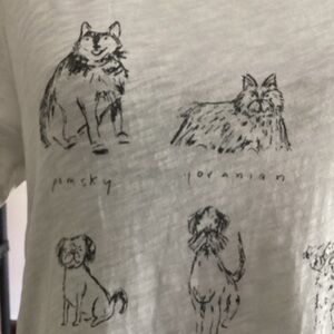 L J Crew Ivory White Cute Doggie Sketches Collectible Tee Cotton